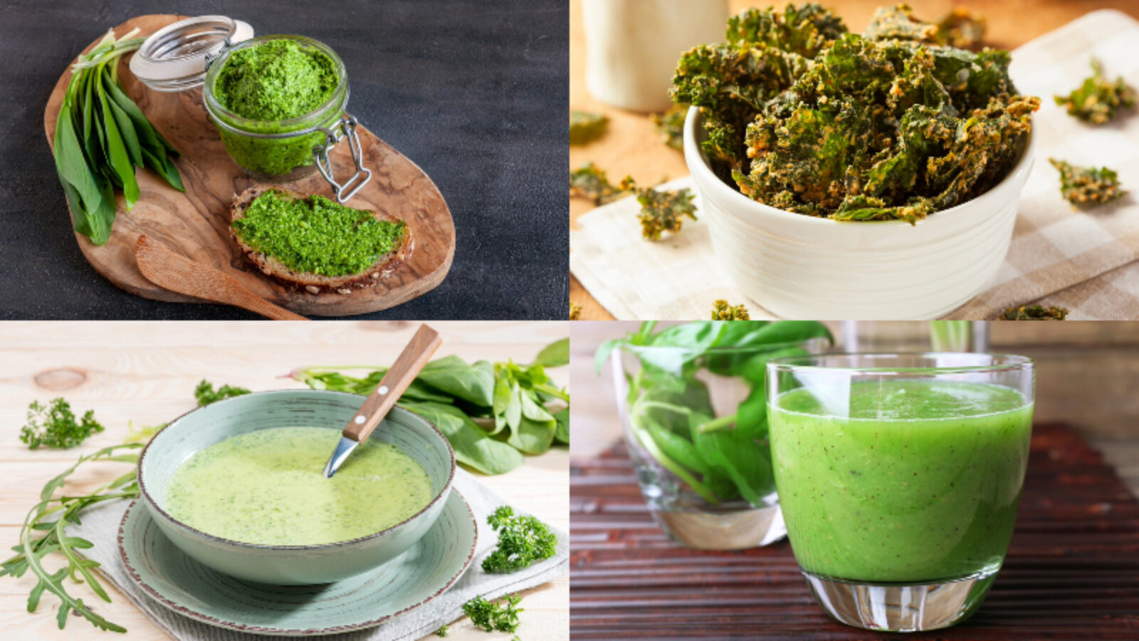 pesto, kale chips, greens soup, and green smoothie.