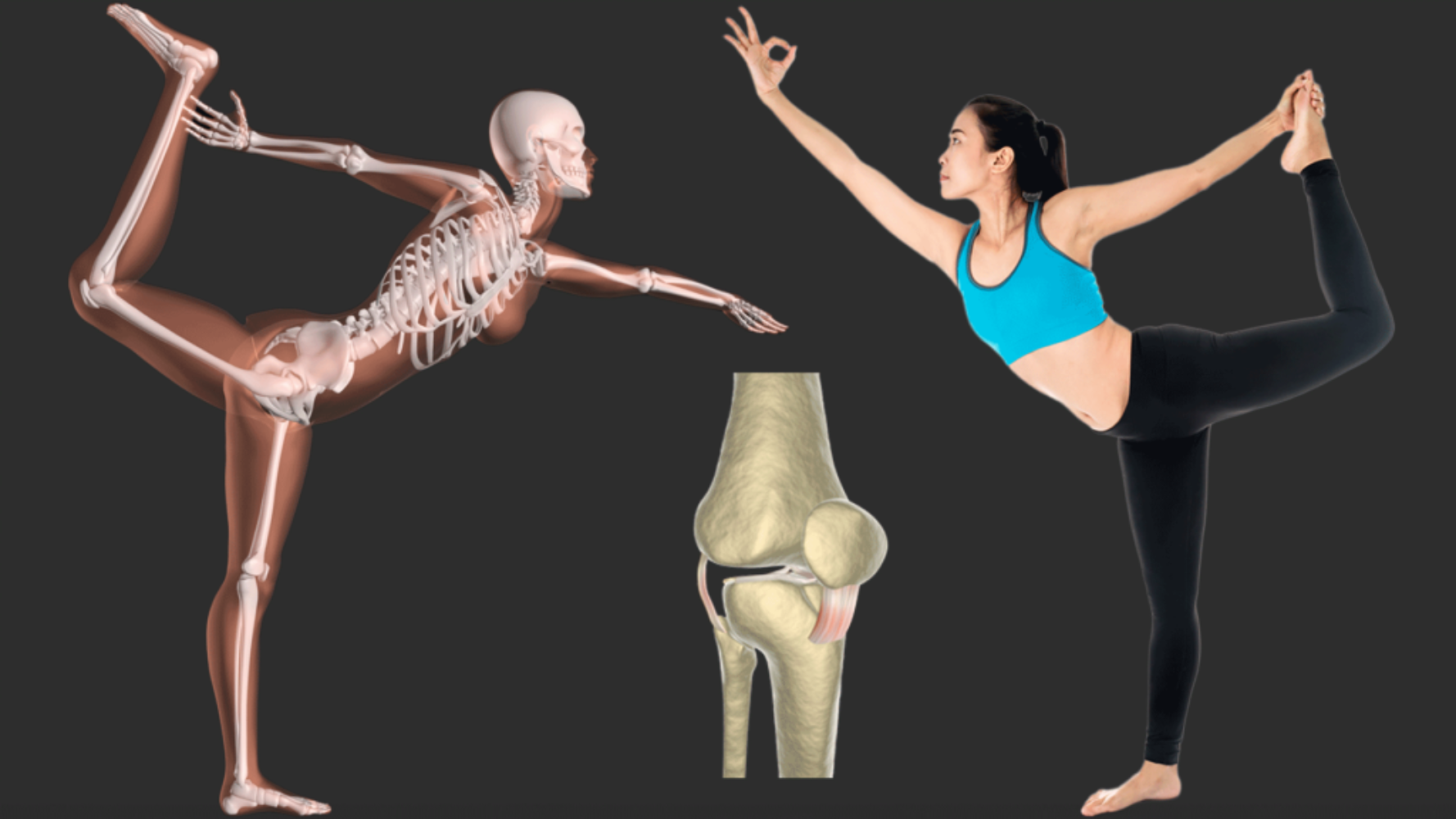 A woman is standing in front of an image of a skeleton.