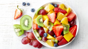 A bowl of fruit is sitting on the table.
