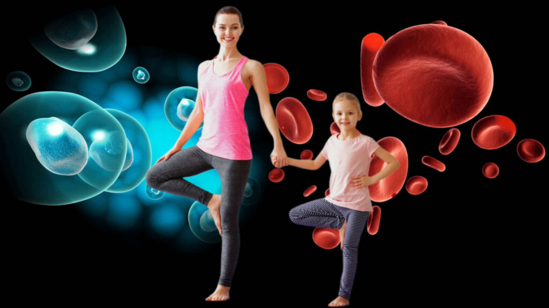 A woman and girl doing yoga in front of blood cells.