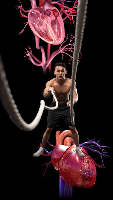A man holding onto some ropes and a pink heart