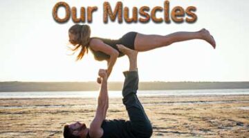 Large text made out of lentils reads Our Muscles as a young man balances a young woman on his feet while lying down on the ground.