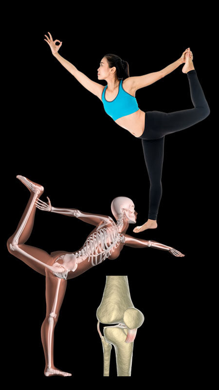 A woman is doing yoga and another person is standing on one leg.