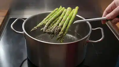 A pot with asparagus in it on the stove.