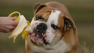 Bulldog eats banana.