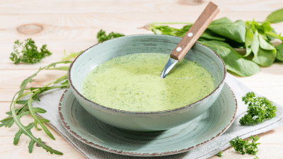 Leafy greens soup made with spinach, arugula, and parsley.