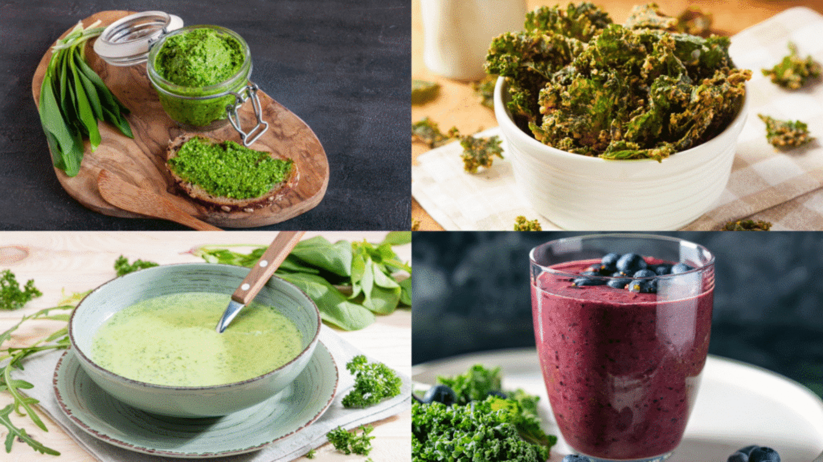NutriSavvy_Pesto_Kale-Chips_Greens-Soup_Smoothie-with-Kale_1920x1080 pesto, kale chips, greens soup, and green smoothie.