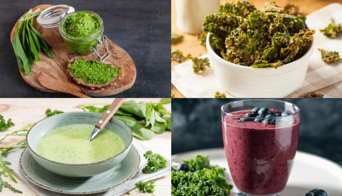 4 easy ways to enjoy our greens: pesto, kale chips, green soup, and as part of a smoothie.