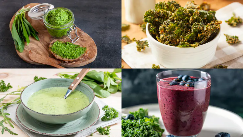 4 easy ways to enjoy our greens: pesto, kale chips, green soup, and as part of a smoothie.